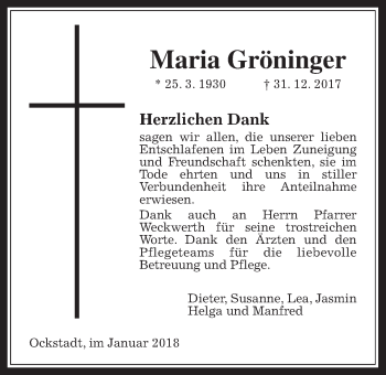 Traueranzeige von Maria Gröninger von Wetterauer Zeitung, Wetterauer Zeitung