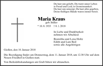 Traueranzeige von Maria Kraus von Giessener Allgemeine, Alsfelder Allgemeine