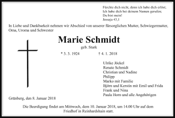 Traueranzeige von Marie Schmidt von Giessener Allgemeine, Alsfelder Allgemeine