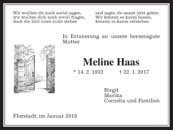 Traueranzeige von Meline Haas von Wetterauer Zeitung, Wetterauer Zeitung