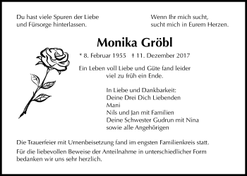 Traueranzeige von Monika Gröbl von Licher Wochenblatt, Licher Wochenblatt, Licher Wochenblatt