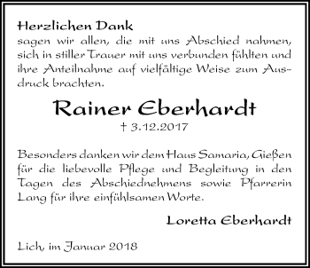 Traueranzeige von Rainer Eberhardt von Licher Wochenblatt, Licher Wochenblatt, Licher Wochenblatt