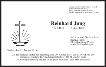 Traueranzeige von Reinhard Jung von Giessener Allgemeine, Alsfelder Allgemeine