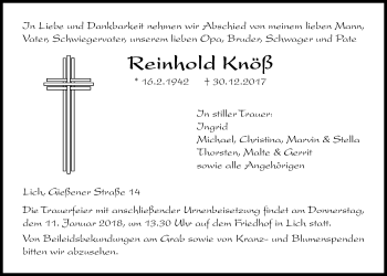 Traueranzeige von Reinhold Knöß von Licher Wochenblatt, Licher Wochenblatt, Licher Wochenblatt