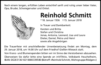 Traueranzeige von Reinhold Schmitt von Giessener Allgemeine, Alsfelder Allgemeine