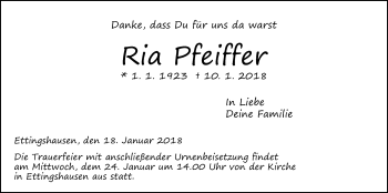Traueranzeige von Ria Pfeiffer von Licher Wochenblatt, Licher Wochenblatt, Licher Wochenblatt