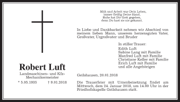 Traueranzeige von Robert Luft von Giessener Allgemeine, Alsfelder Allgemeine