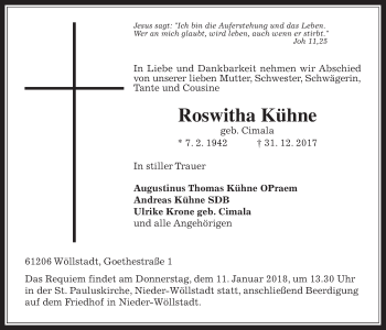 Traueranzeige von Roswitha Kühne von Wetterauer Zeitung, Wetterauer Zeitung