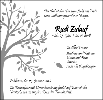 Traueranzeige von Rudi Zulauf von Pohlheimer Nachrichten
