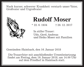 Traueranzeige von Rudolf Moser von Giessener Allgemeine, Alsfelder Allgemeine