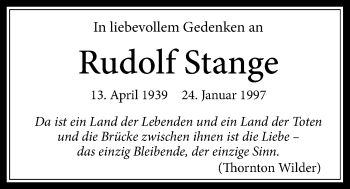Traueranzeige von Rudolf Stange von Wetterauer Zeitung, Wetterauer Zeitung