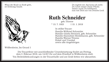 Traueranzeige von Ruth Schneider von Wetterauer Zeitung, Wetterauer Zeitung