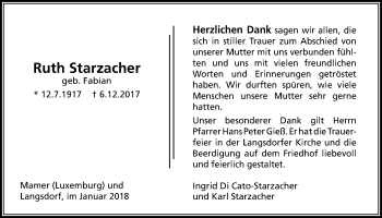 Traueranzeige von Ruth Starzacher von Licher Wochenblatt, Licher Wochenblatt, Licher Wochenblatt
