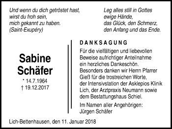 Traueranzeige von Sabine Schäfer von Licher Wochenblatt, Licher Wochenblatt, Licher Wochenblatt
