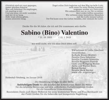Traueranzeige von Sabino Valentino von Giessener Allgemeine, Alsfelder Allgemeine
