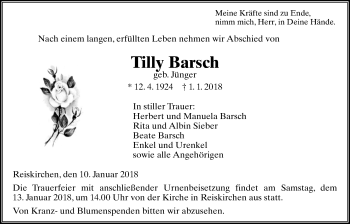 Traueranzeige von Tilly Barsch von Giessener Allgemeine, Alsfelder Allgemeine