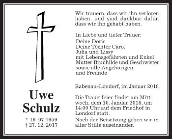 Traueranzeige von Uwe Schulz von Rabenauer Zeitung