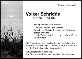 Traueranzeige von Volker Schridde von Giessener Allgemeine, Alsfelder Allgemeine