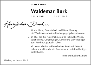Traueranzeige von Waldemar Burk von Giessener Allgemeine, Alsfelder Allgemeine