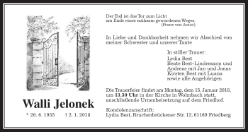 Traueranzeige von Walli Jelonek von Wetterauer Zeitung, Wetterauer Zeitung