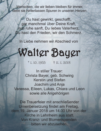 Traueranzeige von Walter Bayer von Giessener Allgemeine, Alsfelder Allgemeine