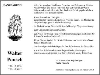 Traueranzeige von Walter Pausch von Giessener Allgemeine, Alsfelder Allgemeine