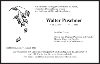 Traueranzeige von Walter Puschner von Giessener Allgemeine, Alsfelder Allgemeine