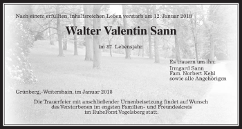 Traueranzeige von Walter Valentin Sann von Giessener Allgemeine, Alsfelder Allgemeine