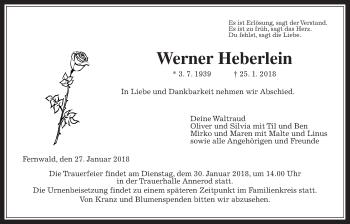 Traueranzeige von Werner Heberlein von Giessener Allgemeine, Alsfelder Allgemeine