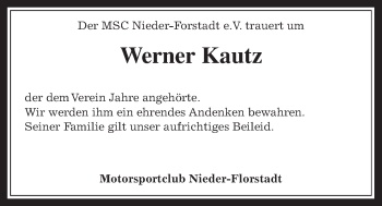 Traueranzeige von Werner Kautz von Wetterauer Zeitung, Wetterauer Zeitung