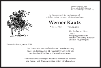 Traueranzeige von Werner Kautz von Wetterauer Zeitung, Wetterauer Zeitung