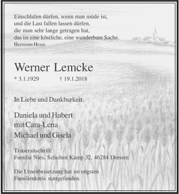 Traueranzeige von Werner Lemcke von Alsfelder Allgemeine