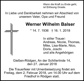 Traueranzeige von Werner Wilhelm Balser von Giessener Allgemeine, Alsfelder Allgemeine