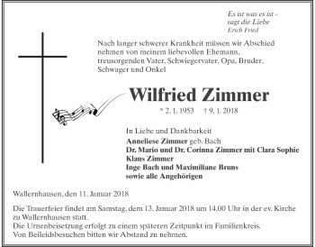 Traueranzeige von Wilfried Zimmer von Licher Wochenblatt, Licher Wochenblatt, Licher Wochenblatt