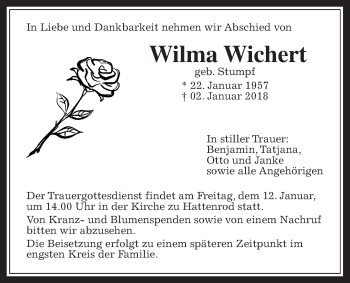 Traueranzeige von Wilma Wichert von Giessener Allgemeine, Alsfelder Allgemeine