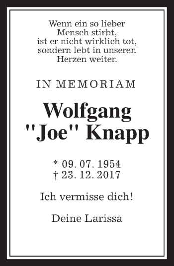 Traueranzeige von Wolfgang Knapp von Giessener Allgemeine, Alsfelder Allgemeine