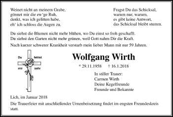 Traueranzeige von Wolfgang Wirth von Licher Wochenblatt, Licher Wochenblatt, Licher Wochenblatt
