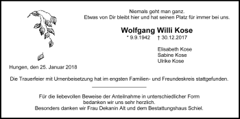 Traueranzeige von Wolfgang Willi Kose von Licher Wochenblatt, Licher Wochenblatt, Licher Wochenblatt