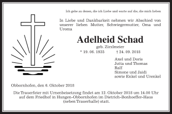 Traueranzeige von Adelheid Schad von Giessener Allgemeine, Alsfelder Allgemeine