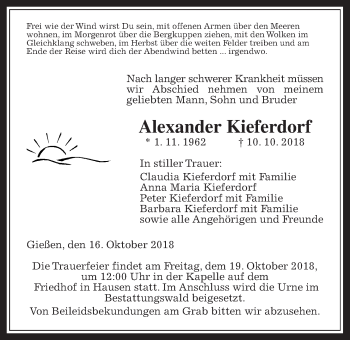 Traueranzeige von Alexander Kieferdorf von Giessener Allgemeine, Alsfelder Allgemeine