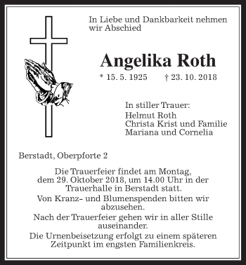 Traueranzeige von Angelika Roth von Wetterauer Zeitung, Wetterauer Zeitung