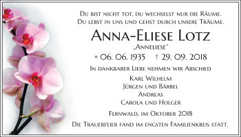 Traueranzeige von Anna-Eliese Lotz von Giessener Allgemeine, Alsfelder Allgemeine