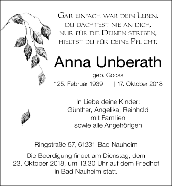 Traueranzeige von Anna Unberath von Wetterauer Zeitung, Wetterauer Zeitung