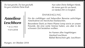 Traueranzeige von Anneliese Leschhorn von Licher Wochenblatt, Licher Wochenblatt, Licher Wochenblatt