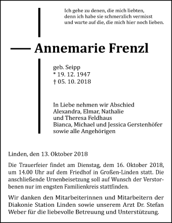 Traueranzeige von Annemarie Frenzl von Giessener Allgemeine, Alsfelder Allgemeine