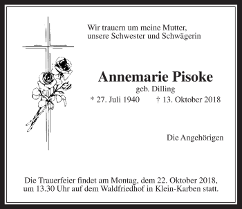 Traueranzeige von Annemarie Pisoke von Wetterauer Zeitung