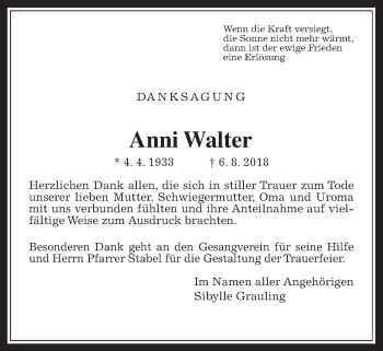 Traueranzeige von Anni Walter von Wetterauer Zeitung, Wetterauer Zeitung