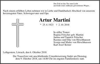 Traueranzeige von Artur Martini von Giessener Allgemeine, Alsfelder Allgemeine