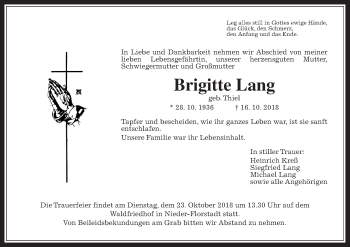 Traueranzeige von Brigitte Lang von Wetterauer Zeitung, Wetterauer Zeitung