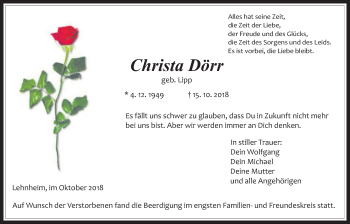 Traueranzeige von Christa Dörr von Heimatzeitung Grünberg + Laubach